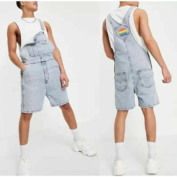 Levi's Pride Liberation Womens Bib Overalls Shortalls Romper Denim Blue Sz L - Picture 1 of 16